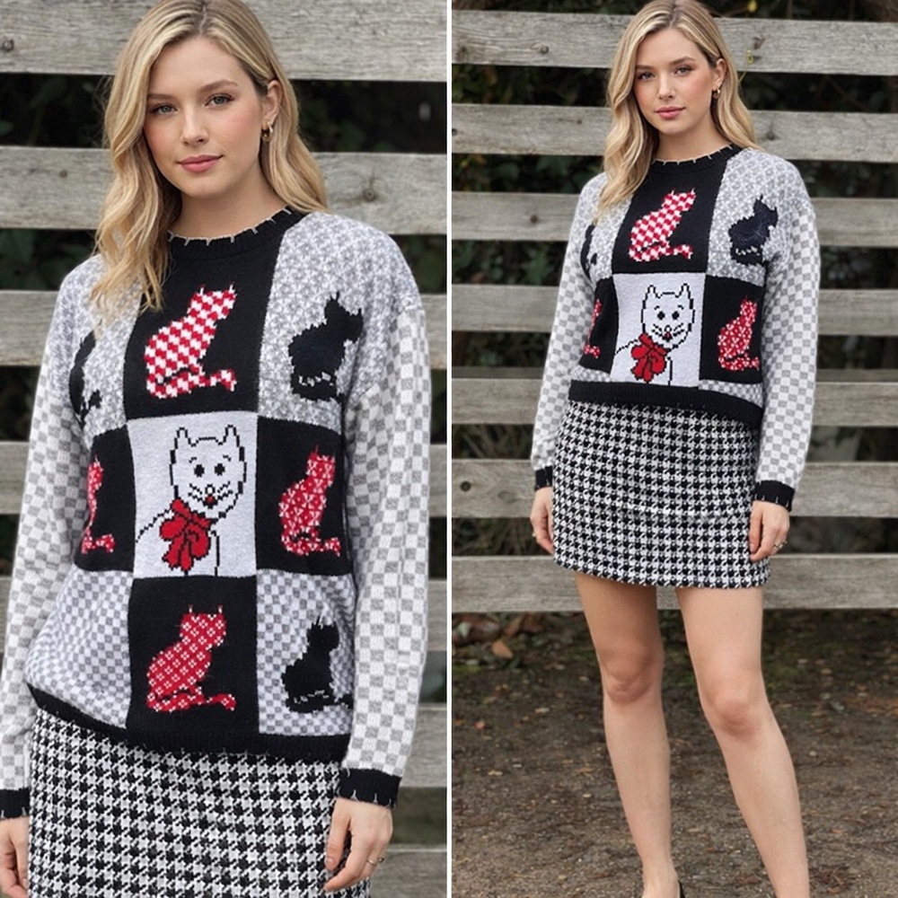 Vintage Basic Editions Cat Patchwork Sweater Scal… - image 1
